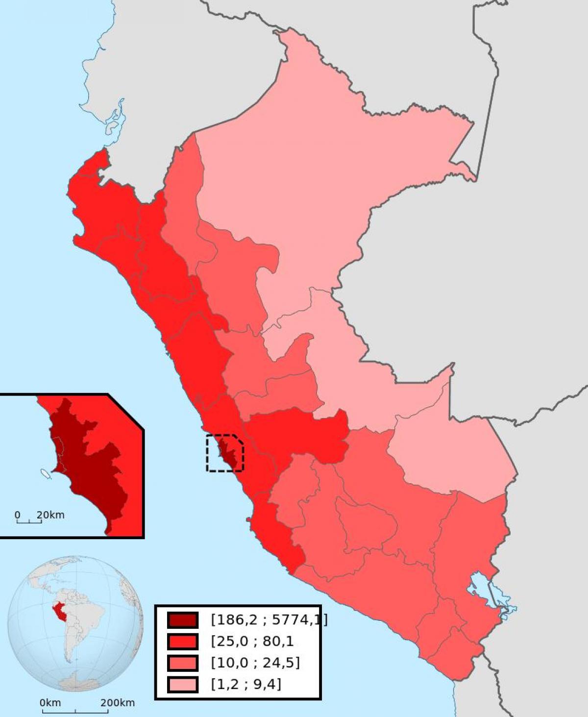 Peru bevolkingsdigtheid kaart